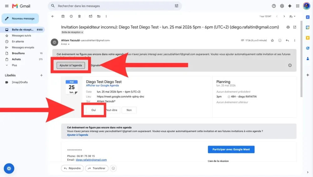 Comment confirmer le rendez-vous : ouvrez l'invitation reçue par e-mail, cliquez sur Ajouter à l'agenda puis sur Oui