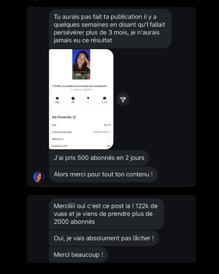 Message d'une cliente : 122K vues, +2000 abonnés